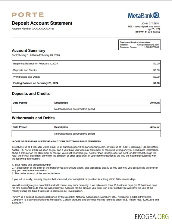 Modèle Word et PDF de relevé Meta Bank des États Unis